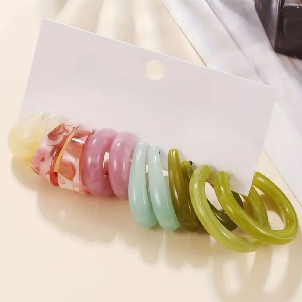 🆕 Colorful Cream Pink Blue Green Acrylic Bohemian Hoop Earrings Set of 6
